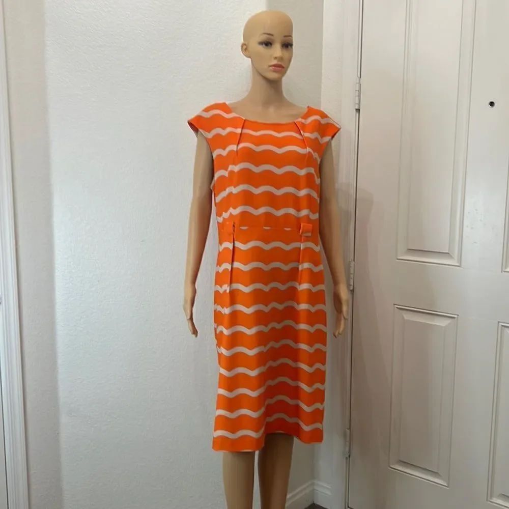 LLE New York Dress Sz 16 Scoop Neck Sleeveless Orange Beige Diagonal Stripe Midi